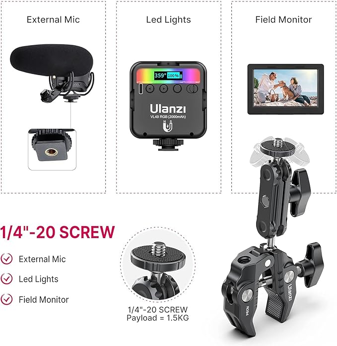 ULANZI Super Clamp Camera Clamp Mount Monitor 360° Ballhead Magic Arm Double - Image 8