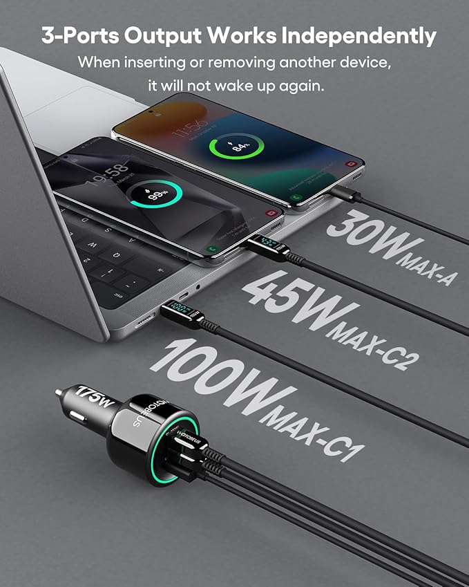 WOTOBEUS 175W Car Charger Dual USB C Adapter: PD 100W & PPS 45W - Image 2