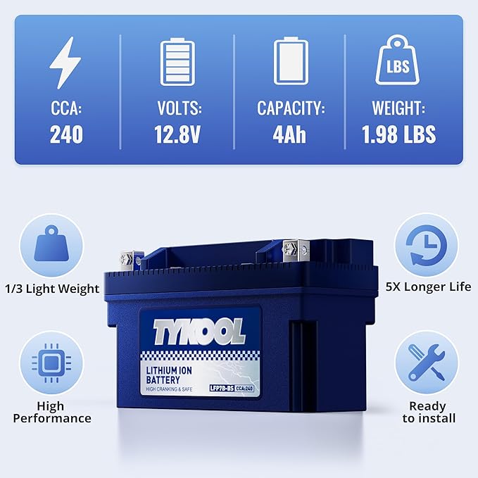 TYKOOL YT7B-BS, 240 CCA, 3X Cranking Amps, 5X Life, High Performance Lithium - Image 3