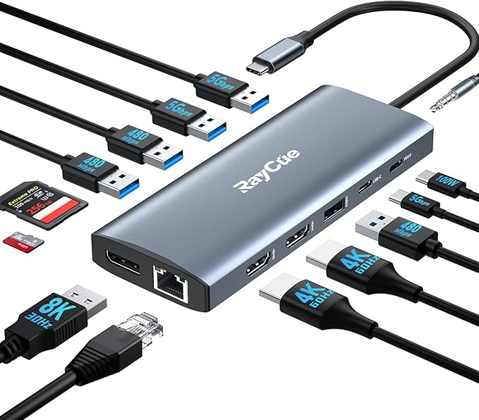 14 in 1 Triple 4K Display USB C Docking Station, Single DisplayPort Up to by RayCue