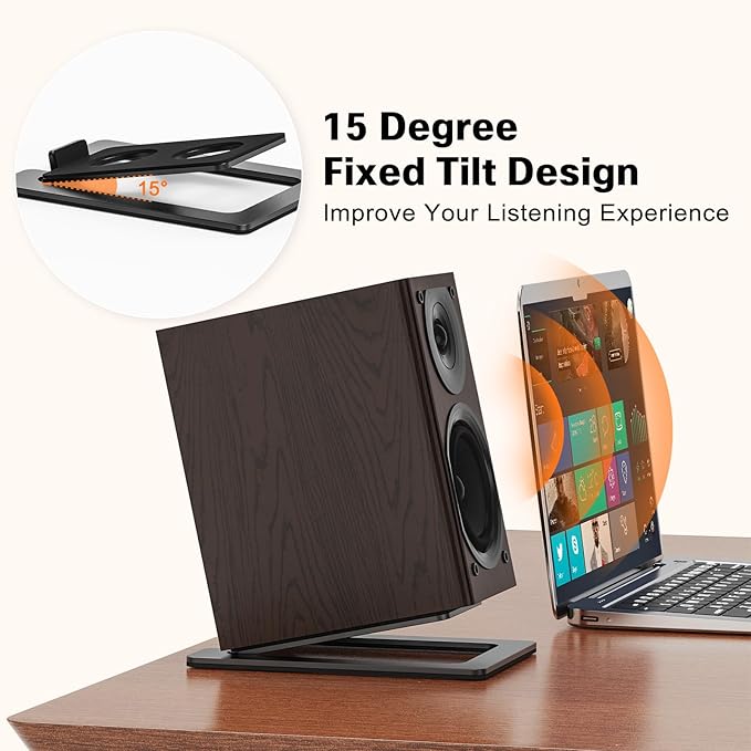 Metal Desktop Speaker Stands Pair, 15° Tilted Steel Tabletop Bookshelf Speaker - Image 3