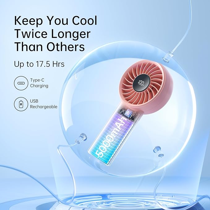 JISULIFE Handheld Fan Life4, 5000mAh Portable Rechargeable Fan, 5-Speed Turbo - Image 3