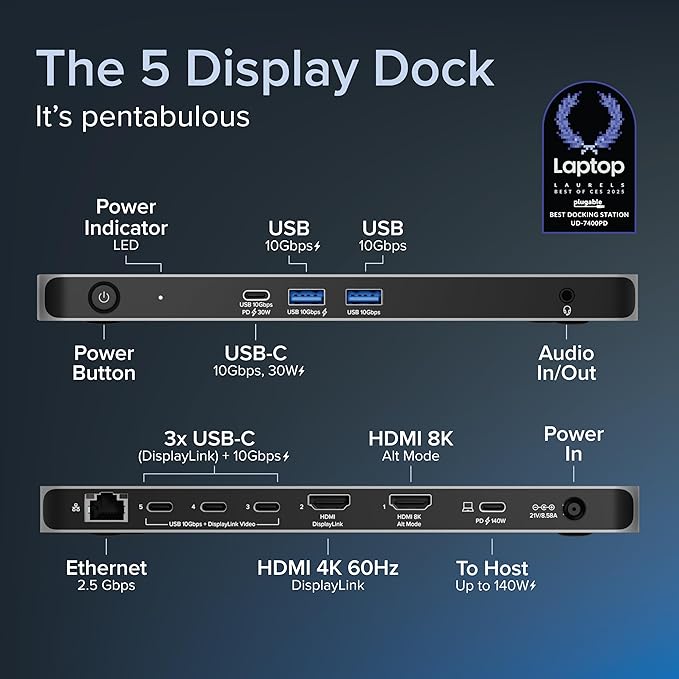 Plugable USB C Docking Station 5 Monitors, 140W DisplayLink Dock Connects up to - Image 2