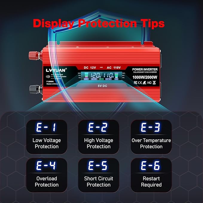 LVYUAN 1000W Car Power Inverter 12V to 110V / 120V DC to AC - Image 5