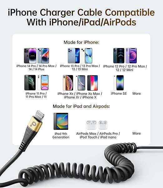 iPhone Charger Cable for Car, 2 Pack 5FT Coiled Lightning Cable iPhone Charger - Image 5