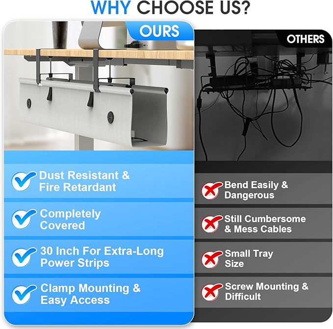 Under Desk Cable Management Tray, 40-inch No-Drill Cord Organizer - Image 6