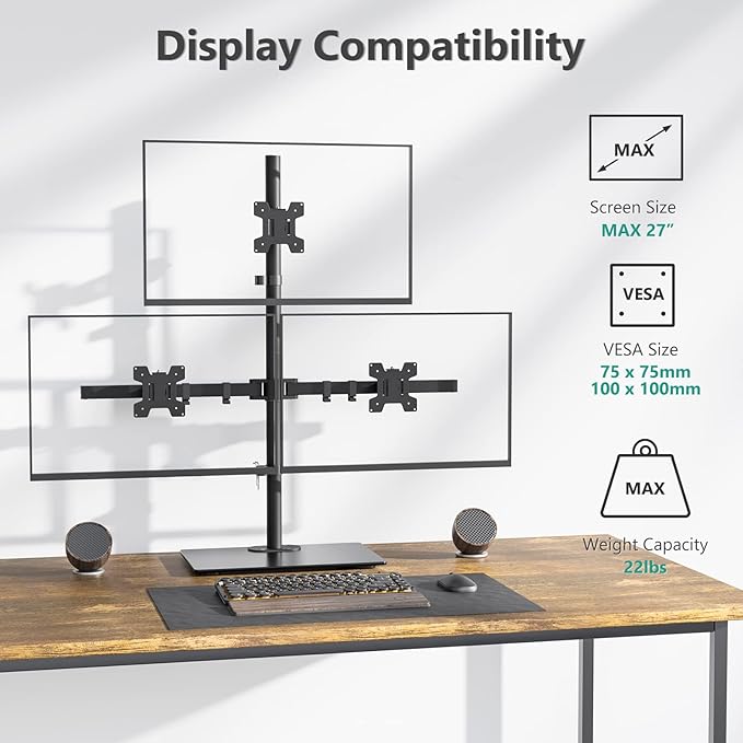 WALI Freestanding Triple Monitor Mount, Fully Adjustable Three Monitor Desk - Image 2
