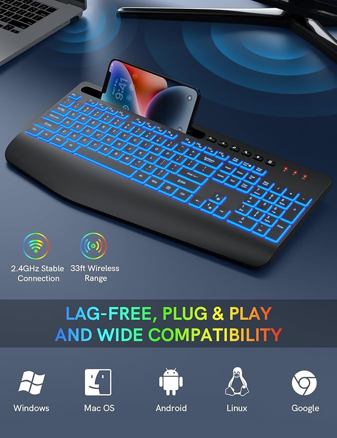 Trueque Wireless Keyboard with 7 Colored Backlits, Wrist Rest, Phone Holder - Image 5