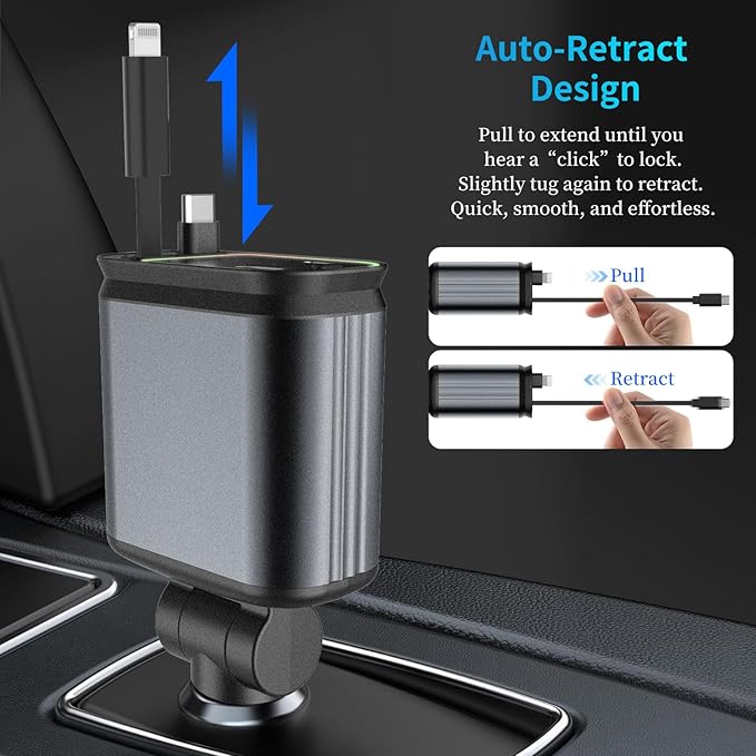 MLVOC Starlight Retractable 66W USB C Car Charger, 4-in-1 Fast Charging Adapter - Image 2
