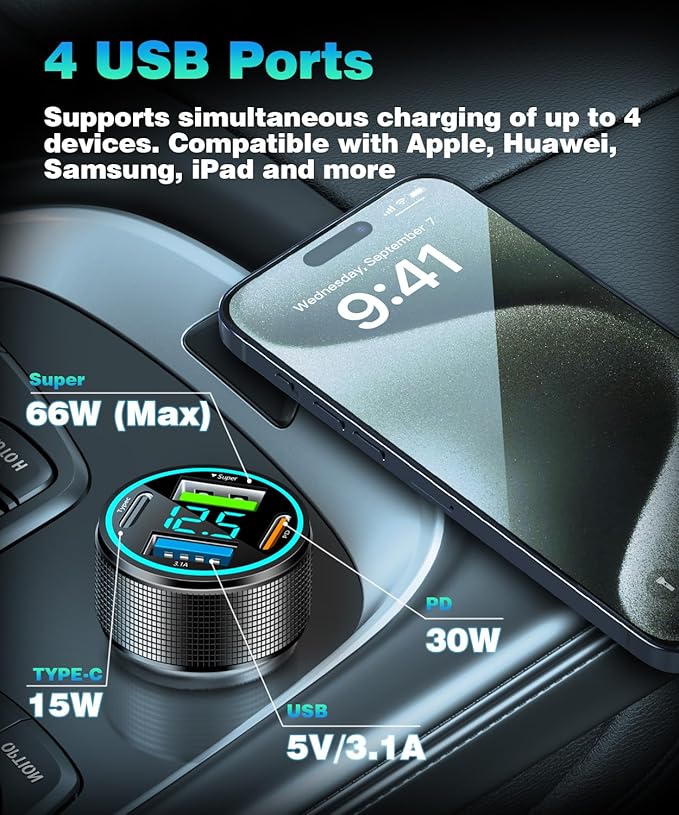 2 Packs of 66W USB C Car Charger 4 Port Car Charger Adapter - Image 2