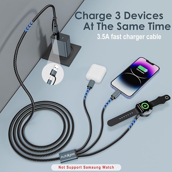 5FT Travel Essentials for Apple Watch Charger 3 in 2 Multi Fast Charging Cable - Image 2