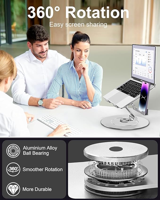 Laptop Stand with Phone Holder, Adjustable Laptop Stand with 360 Rotating Base - Image 2