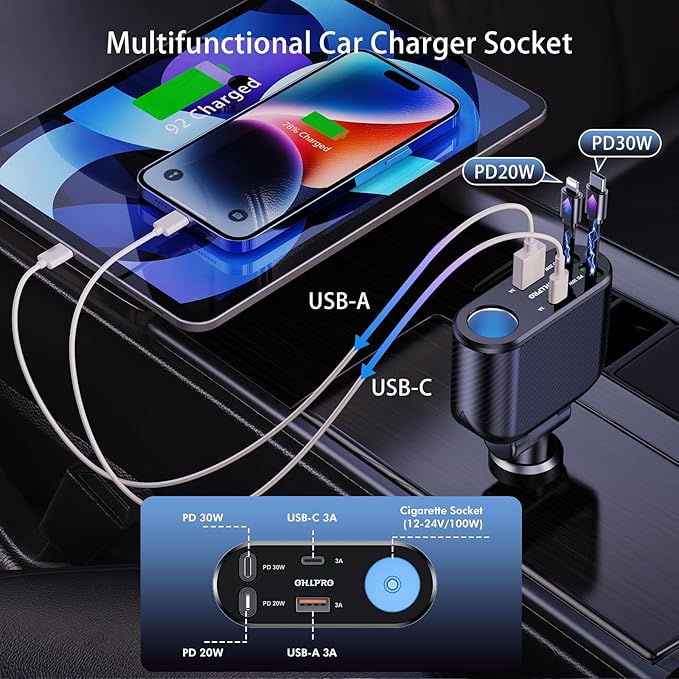OHLPRO Retractable Car Charger Cigarette Lighter Adapter, 168W 5 in 1 Fast - Image 2