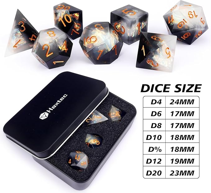 Haxtec Sharp Edge Dice Set DND Dice Black and White Resin Dice Iridecent Mylar - Image 4