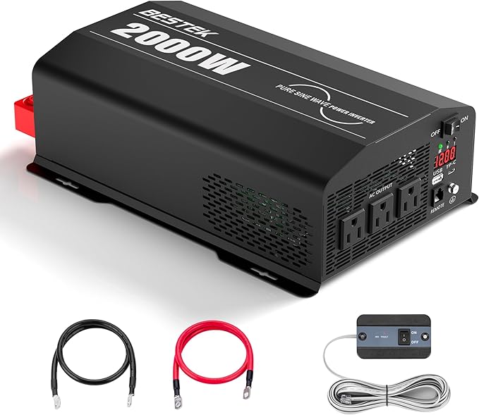 BESTEK 2000 Watt Pure Sine Wave Power Inverter, 12V DC to 110V/120V AC Inverter by BESTEK