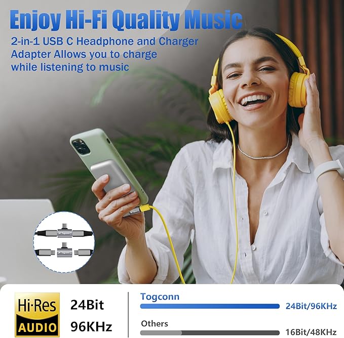 Dual USB C Headphone and Charger Adapter Splitter, 2-in-1 Type C to USB-C Audio - Image 4