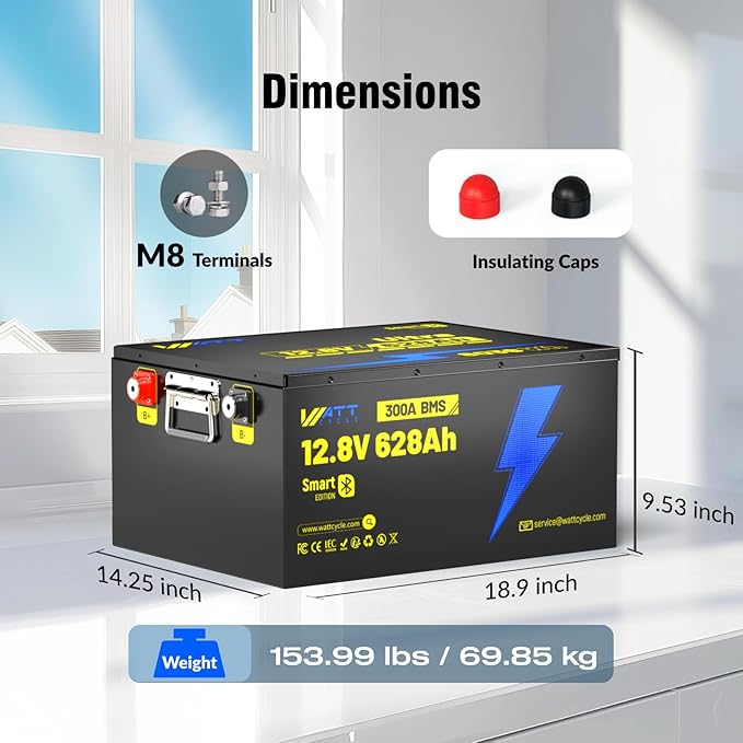 12V 628Ah LiFePO4 Lithium Battery, Built-in Bluetooth 5.0 & 300A BMS, Full - Image 7