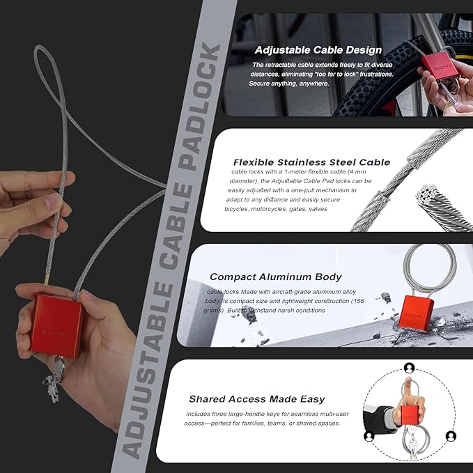 Cable Lock with 3 Keys | L 6.56ft, D 1/6in Adjustable Steel Cable Padlock | - Image 6