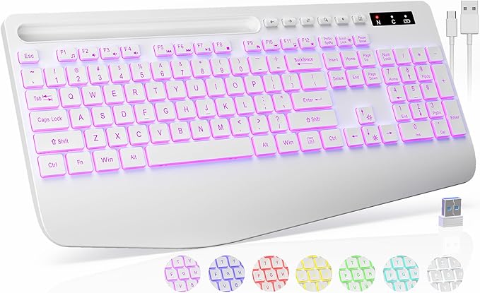 Wireless Keyboard with 7 Colored Backlit, Wrist Rest, Phone Holder, by Trueque
