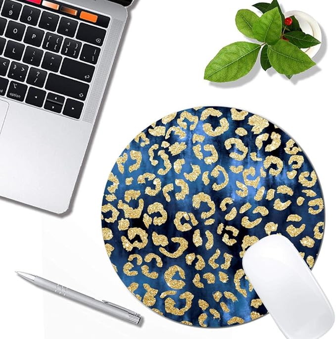 Leopard Gold Watercolor Navy Blue Mouse Pad Round Non-Slip Rubber Mousepad - Image 4