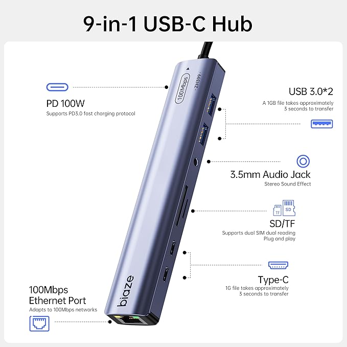 9-in-1 USB/USB C Hub Adapter for MacBook, 3 USB Ports, 100M Ethernet, SD/TF - Image 2