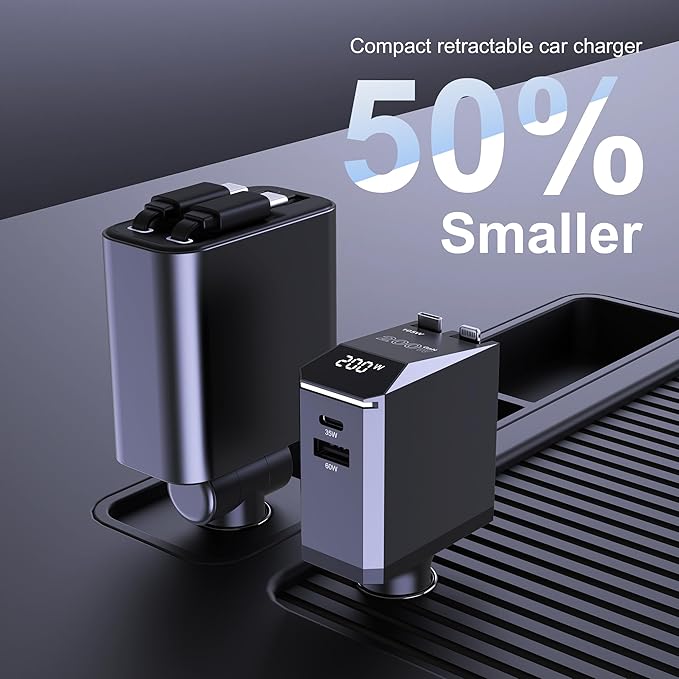 Aftertop 200W Retractable Car Charger, 3-in-1 Independent Fast Charging - Image 7