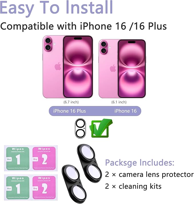 2 Pack Camera Lens Protector for iPhone 16 / iPhone 16 Plus, AR Tempered Glass - Image 2