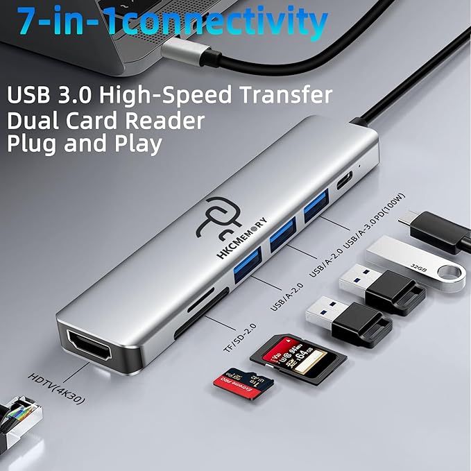 USB C Hub 7-in-1, 4K HDMI, 100W PD Charging, USB 3.0/2.0 Ports, SD/TF Reader - Image 2