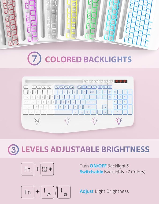 Trueque Wireless Keyboard with 7 Colored Backlits, Phone Holder, Wrist Rest - Image 2