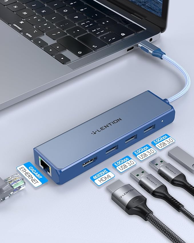 LENTION USB C Hub with Gigabit Ethernet Adapter, 4K HDMI, 3 USB 3.0 - Image 2