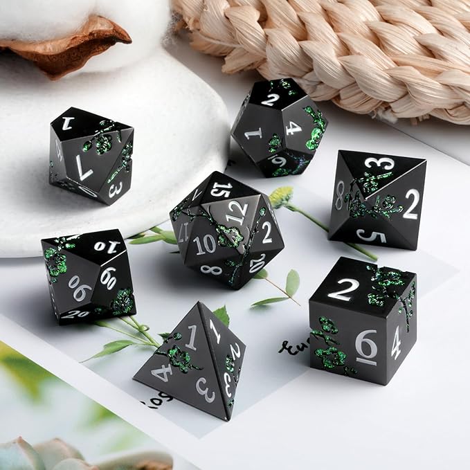 Glitter Green DND Metal Dice, DNDND 7 PCS Flower Metallic DND Dice Set - Image 6