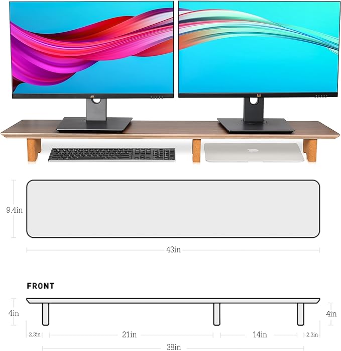 Aothia Large Dual Monitor Stand Riser, Solid Wood Desk Shelf - Image 4