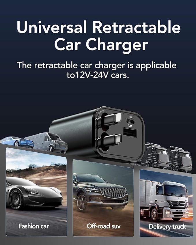 Upgraded Retractable Car Charger Adapter, 4 in 1 Fast Charging Car Phone Charger - Image 9