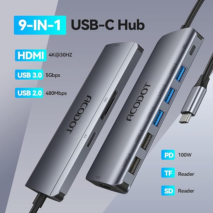 USB C Hub, Acodot 9 in 1 Type C Hub Adapter Portable Docking Station Aluminum - Image 3