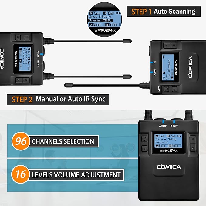 Dual Wireless Lavalier Microphone System, Comica CVM-WM300A UHF 96 Channel - Image 3