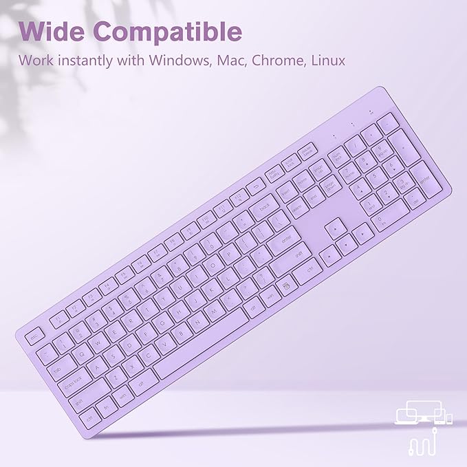LeadsaiL Purple Wireless Keyboard, 2.4GHz Full-Sized Ergonomic Computer Keyboard - Image 6