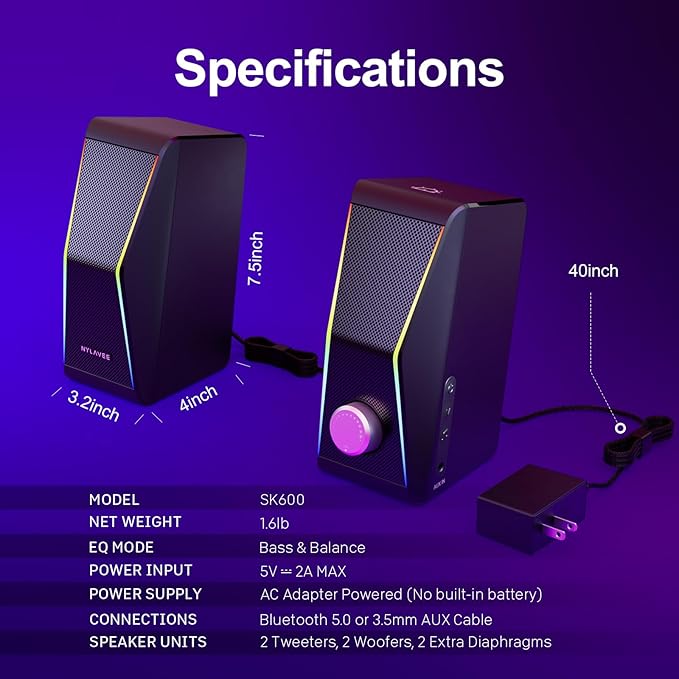 Computer Speakers, 4 Dynamic Lighting Modes, AC Adapter Powered and 3.5mm - Image 6