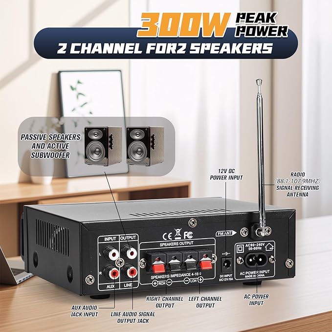 Stereo Audio Amplifier, 300W Home 2 Channel Wireless Bluetooth 5.0 Power - Image 3