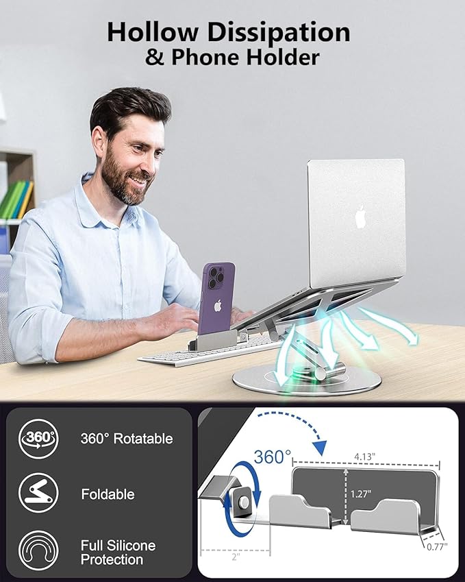 Laptop Stand with Phone Holder, Adjustable Laptop Stand with 360 Rotating Base - Image 4