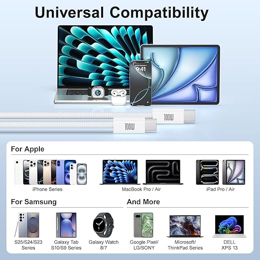 USB C to USB C Charging Cable, 100W Nylon Braided C to C Charger Cable Fast - Image 7