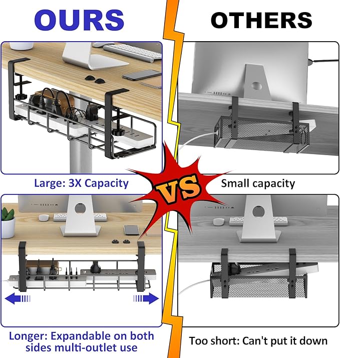 Under Desk Cable Management Tray, 15.7'' No Drill Steel Desk Cable Organizers - Image 2