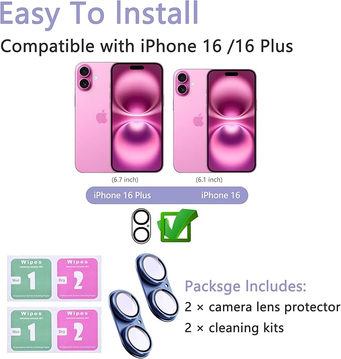 2 Pack Camera Lens Protector for iPhone 16 / iPhone 16 Plus, AR Tempered Glass - Image 2