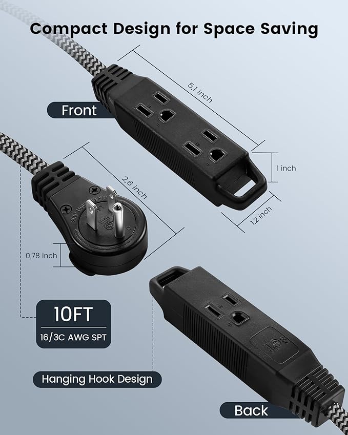 SURAIELEC 10FT 360° Rotating Flat Plug Extension Cord Flat Wall Plug - Image 7