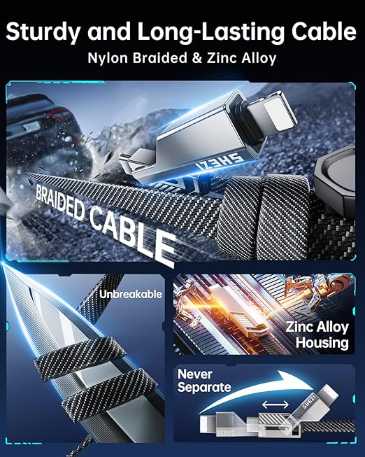 SHEZI 4-in-1 Long USB C Cable 60W 10FT Fast Charging Flat Braided Multi Charger - Image 6
