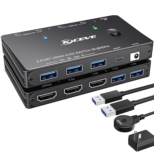 HDMI2.1 KVM Switch 2 Computer 1 Monitor 8K@60Hz, KVM Switch HDMI 2 Port by KCEVE