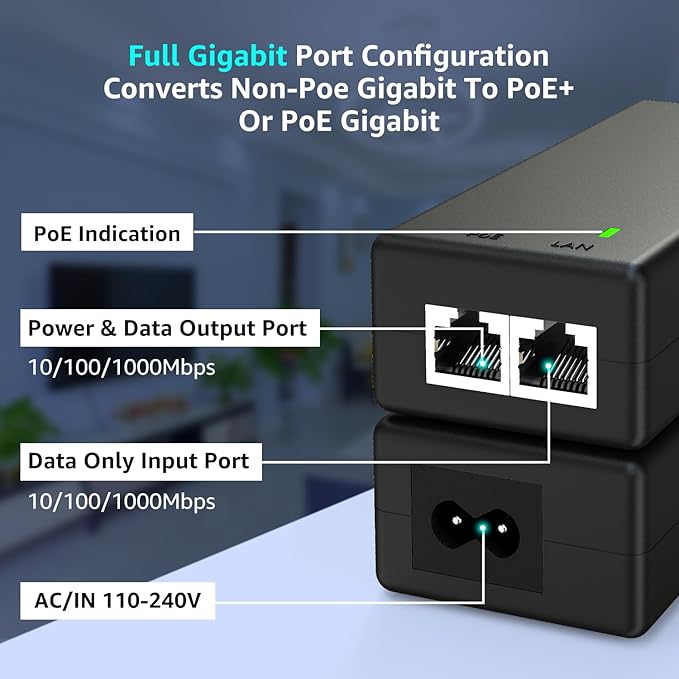 YuanLey Gigabit PoE Injector Adapter 30W, Converts Non-PoE to PoE Gigabit - Image 3