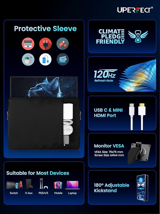 UPERFECT Portable Monitor 18.5-inch 120HZ Touchscreen 100% sRGB w/VESA & Stand - Image 8