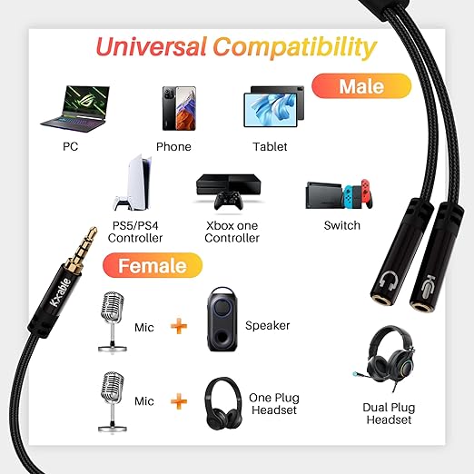 1/8inch Aux Headphone Splitter 2 Way Cable 2FT, 3.5mm 1 Male to 2 Female Mic - Image 6