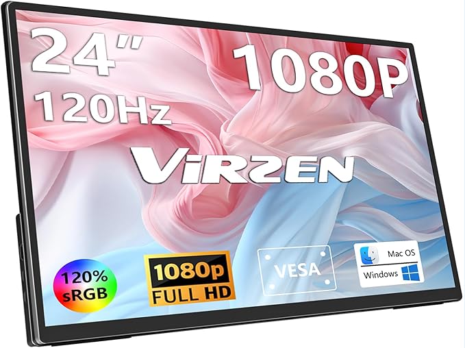 24'' Large Portable Monitor, FHD 120HZ 120% SRGB IPS USB-C HDMI Work Home by Virzen