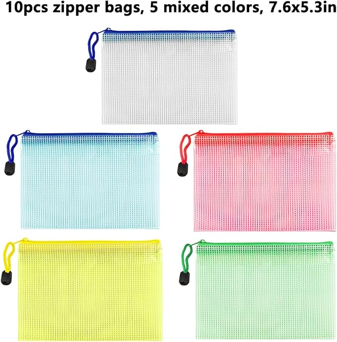 AUSTARK 10 Pcs Zipper File Bags, Waterproof Plastic Mesh Pouch - Image 2